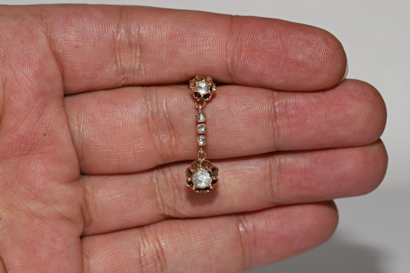 Antique Circa 1900s Ottoman 10K Gold Natural Rose Cut Diamond Drop Earring en venta 7