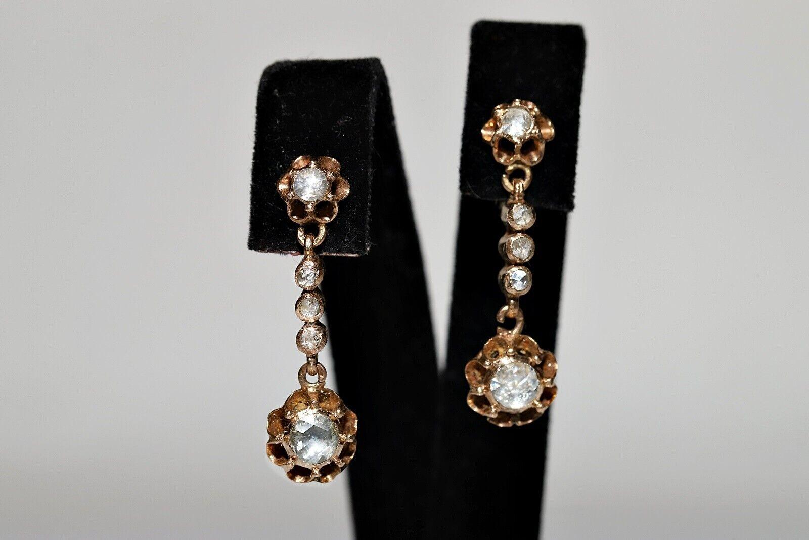 Antique Circa 1900s Ottoman 10K Gold Natural Rose Cut Diamond Drop Earring Victoriano en venta