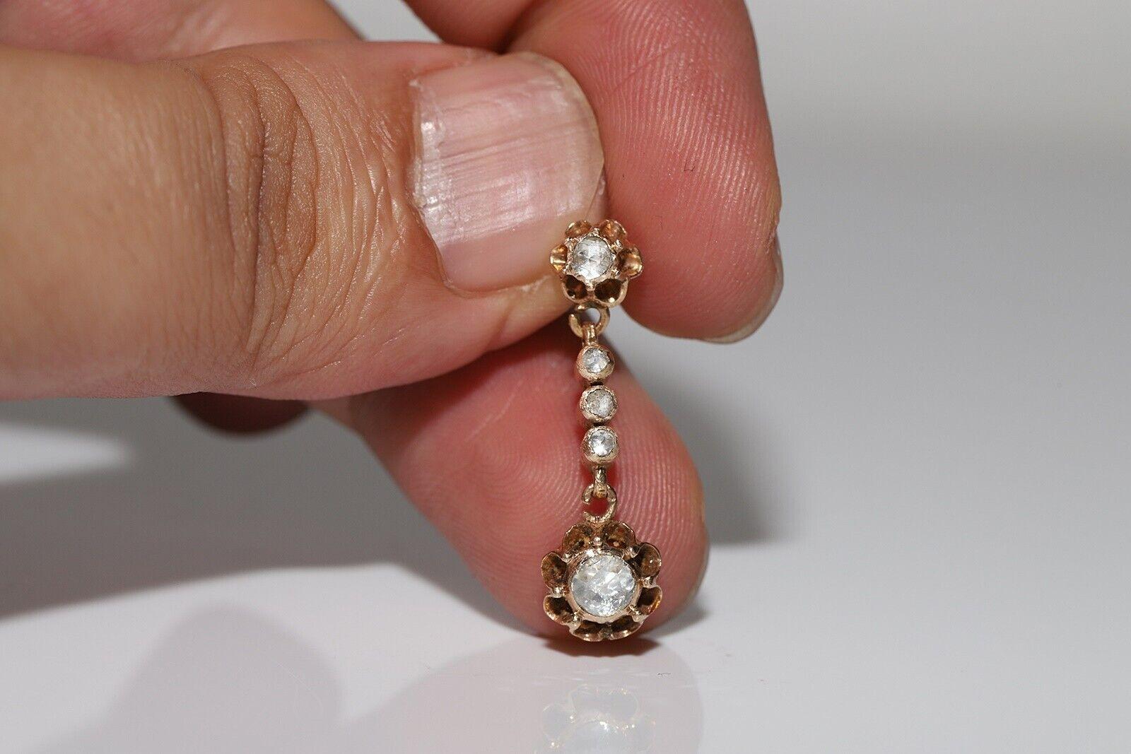 Antique Circa 1900s Ottoman 10K Gold Natural Rose Cut Diamond Drop Earring en venta 1