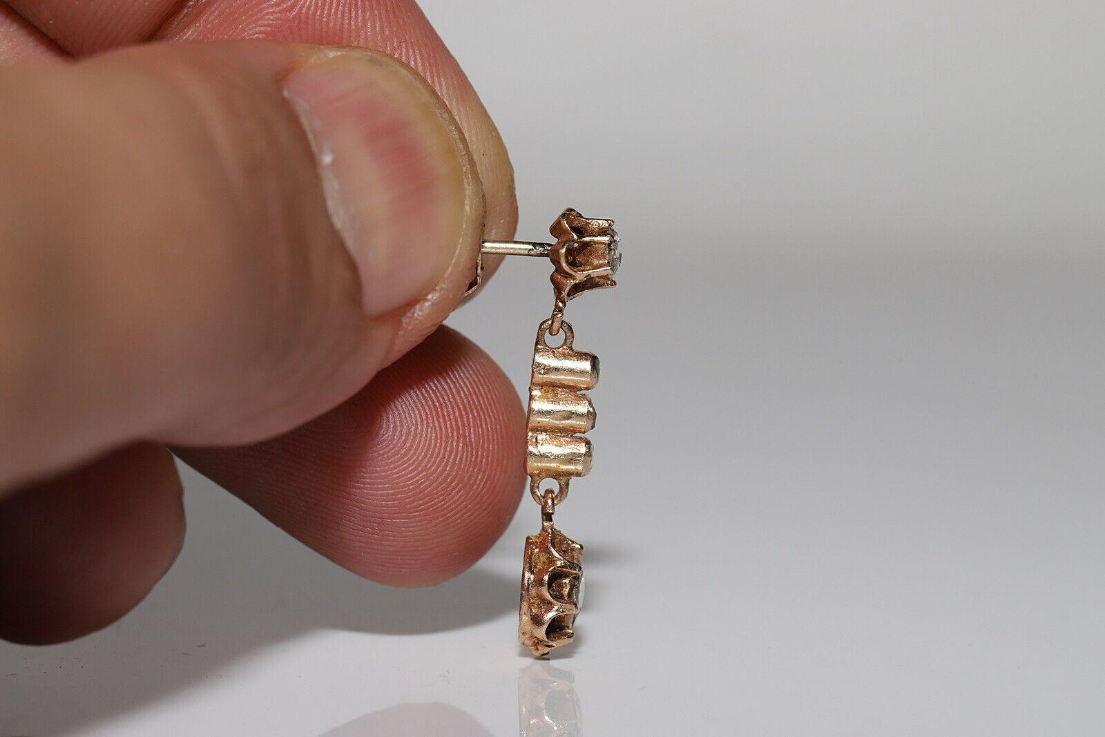 Antique Circa 1900s Ottoman 10K Gold Natural Rose Cut Diamond Drop Earring en venta 3