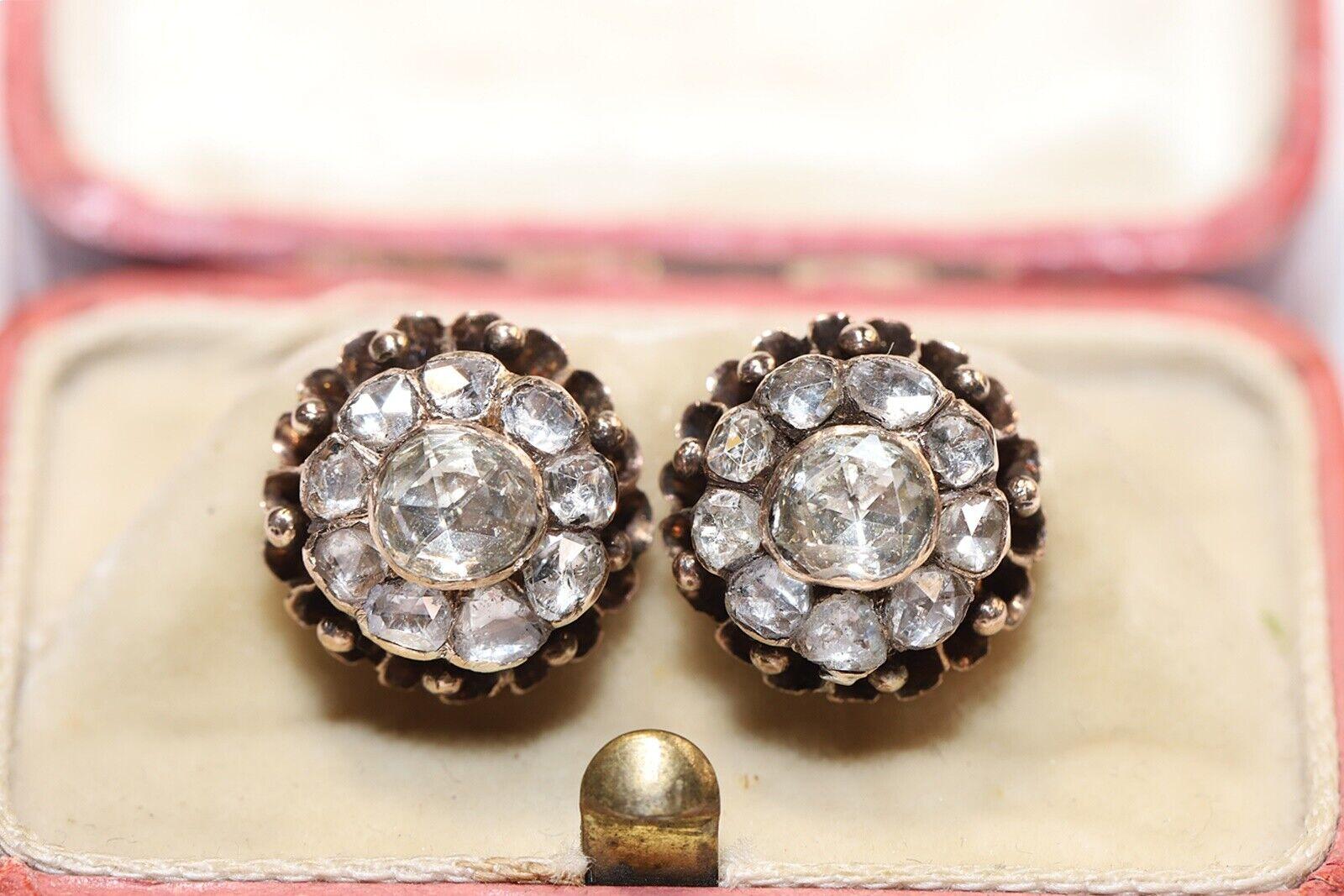 Antique Circa 1900s Ottoman 10k Gold Natural Rose Cut Diamond Earring  For Sale 5