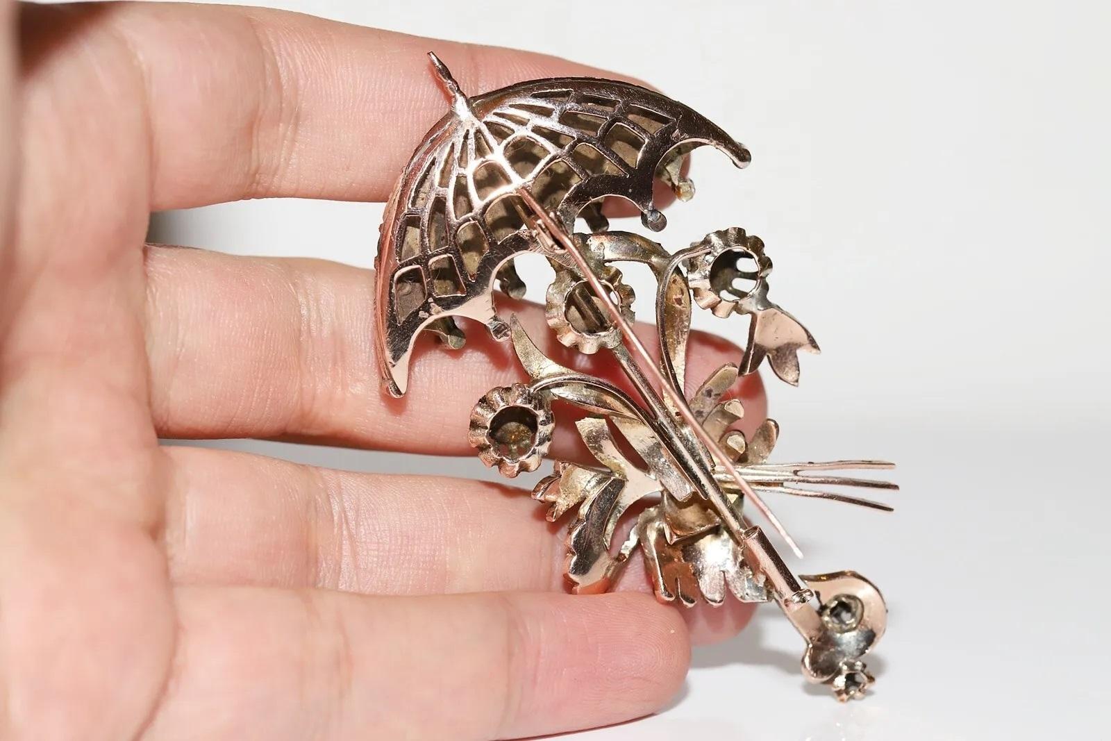 Antique Circa 1900s Ottoman 10k Gold Natural Rose Cut Diamond Umbrella Brooch For Sale 5