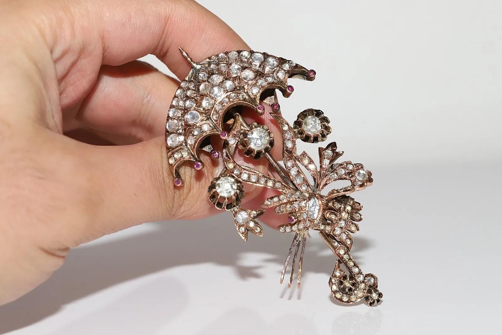 Antique Circa 1900s Ottoman 10k Gold Natural Rose Cut Diamond Umbrella Brooch For Sale 6