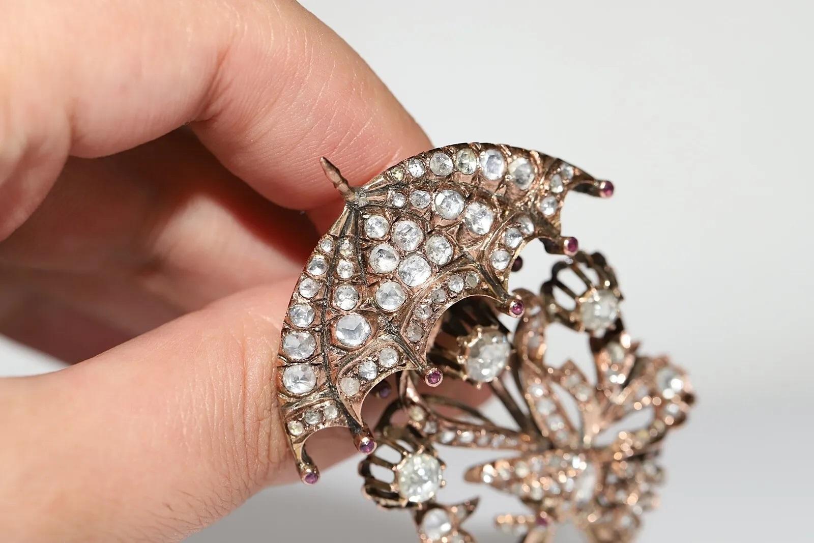 Antique Circa 1900s Ottoman 10k Gold Natural Rose Cut Diamond Umbrella Brooch For Sale 7