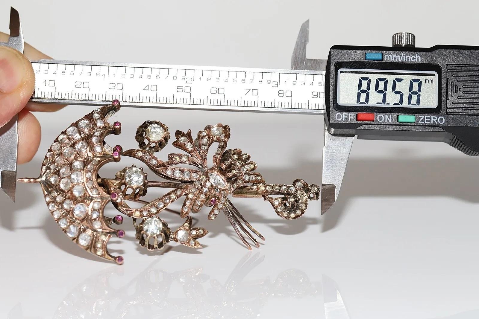 Antique Circa 1900s Ottoman 10k Gold Natural Rose Cut Diamond Umbrella Brooch For Sale 8