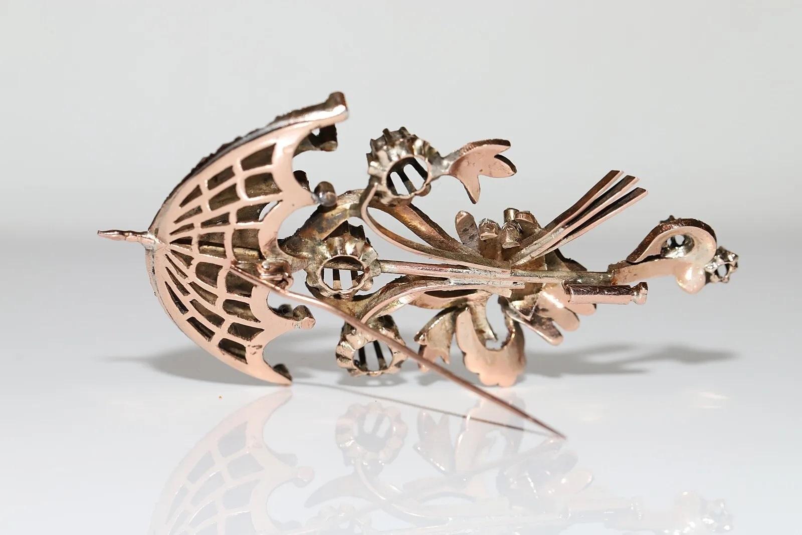 Antique Circa 1900s Ottoman 10k Gold Natural Rose Cut Diamond Umbrella Brooch For Sale 9