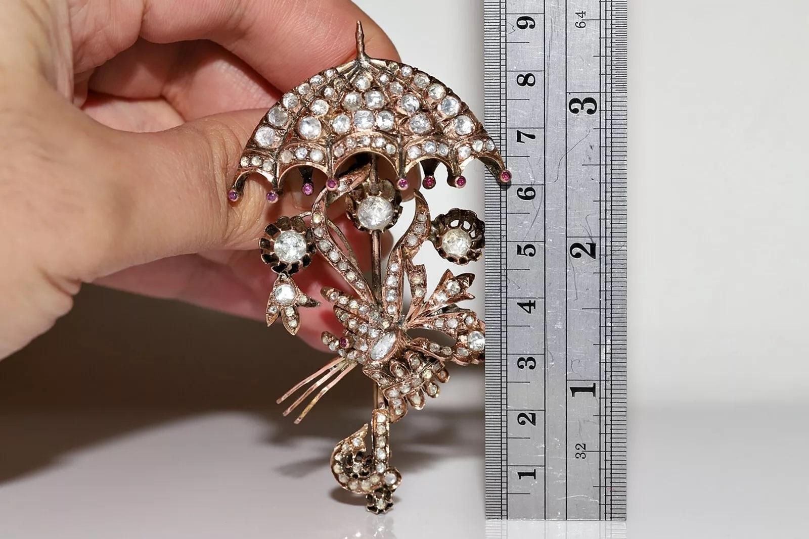 Victorian Antique Circa 1900s Ottoman 10k Gold Natural Rose Cut Diamond Umbrella Brooch For Sale