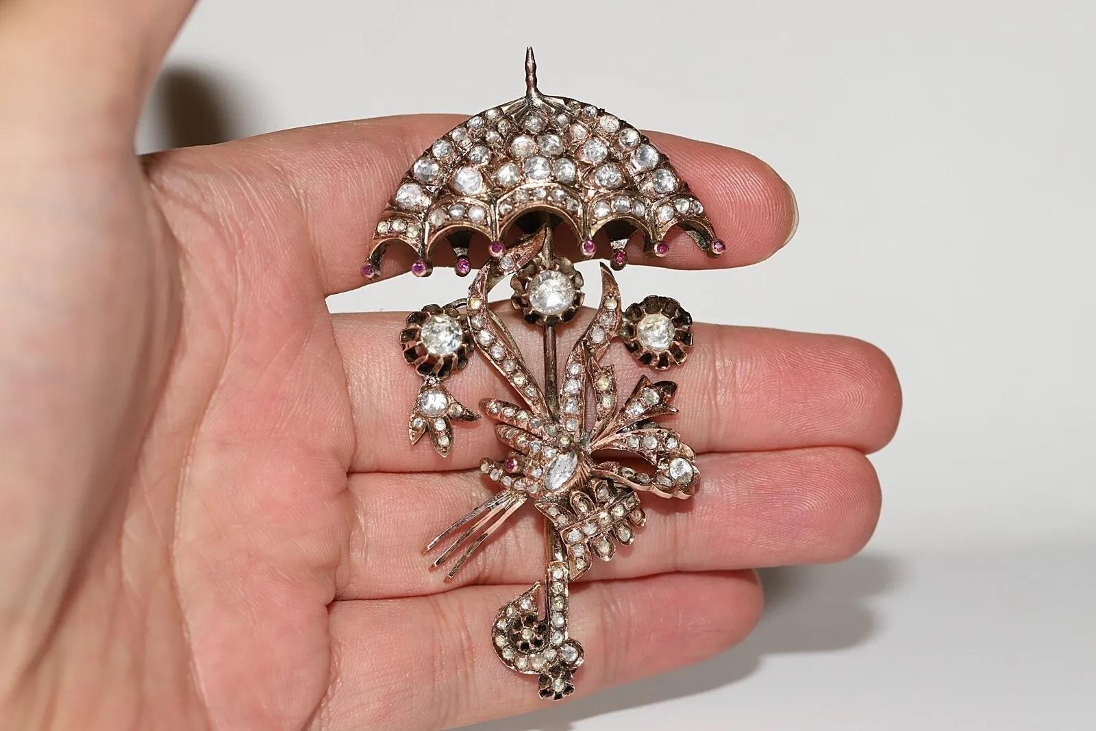 Antique Circa 1900s Ottoman 10k Gold Natural Rose Cut Diamond Umbrella Brooch In Good Condition For Sale In Fatih/İstanbul, 34