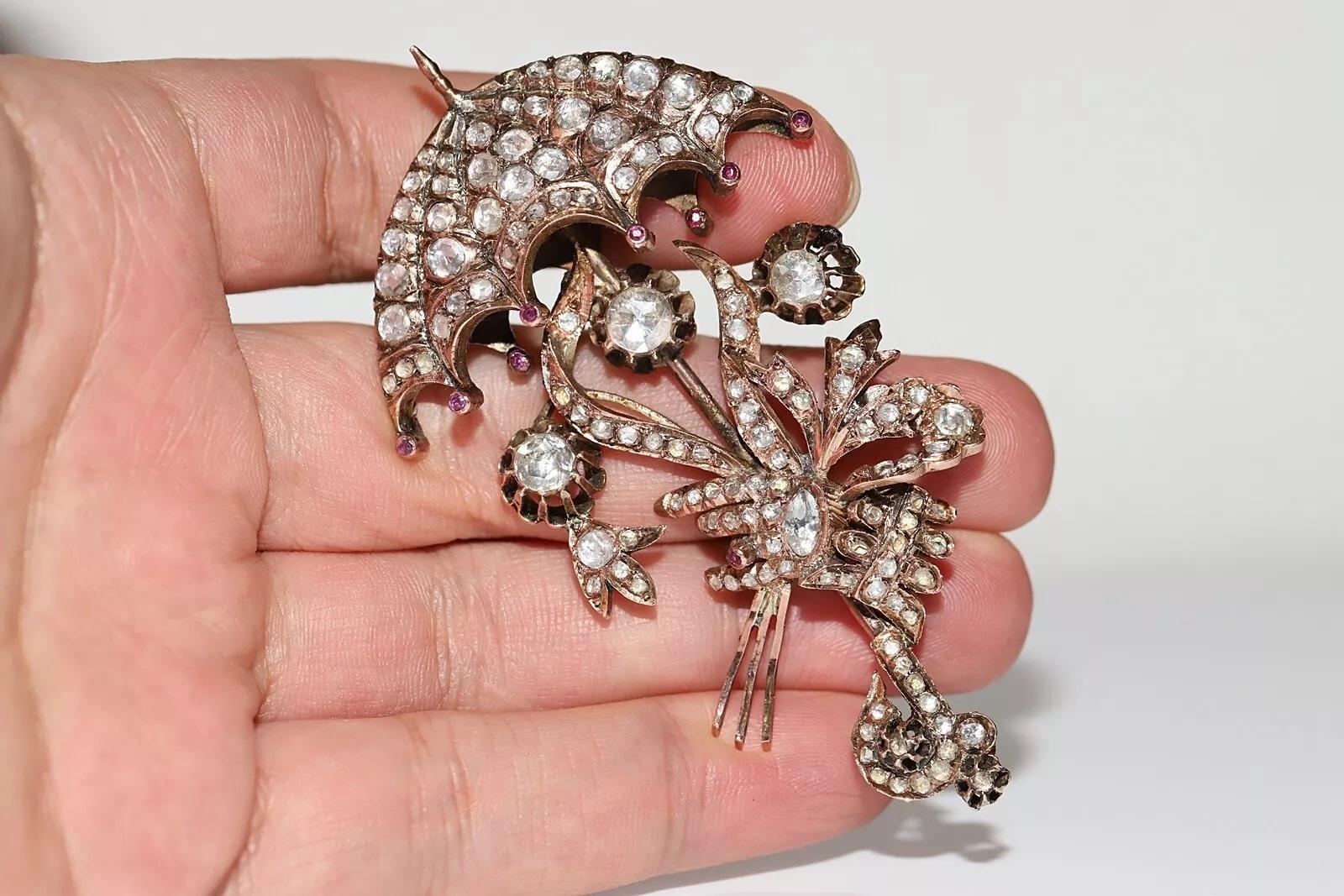 Women's Antique Circa 1900s Ottoman 10k Gold Natural Rose Cut Diamond Umbrella Brooch For Sale