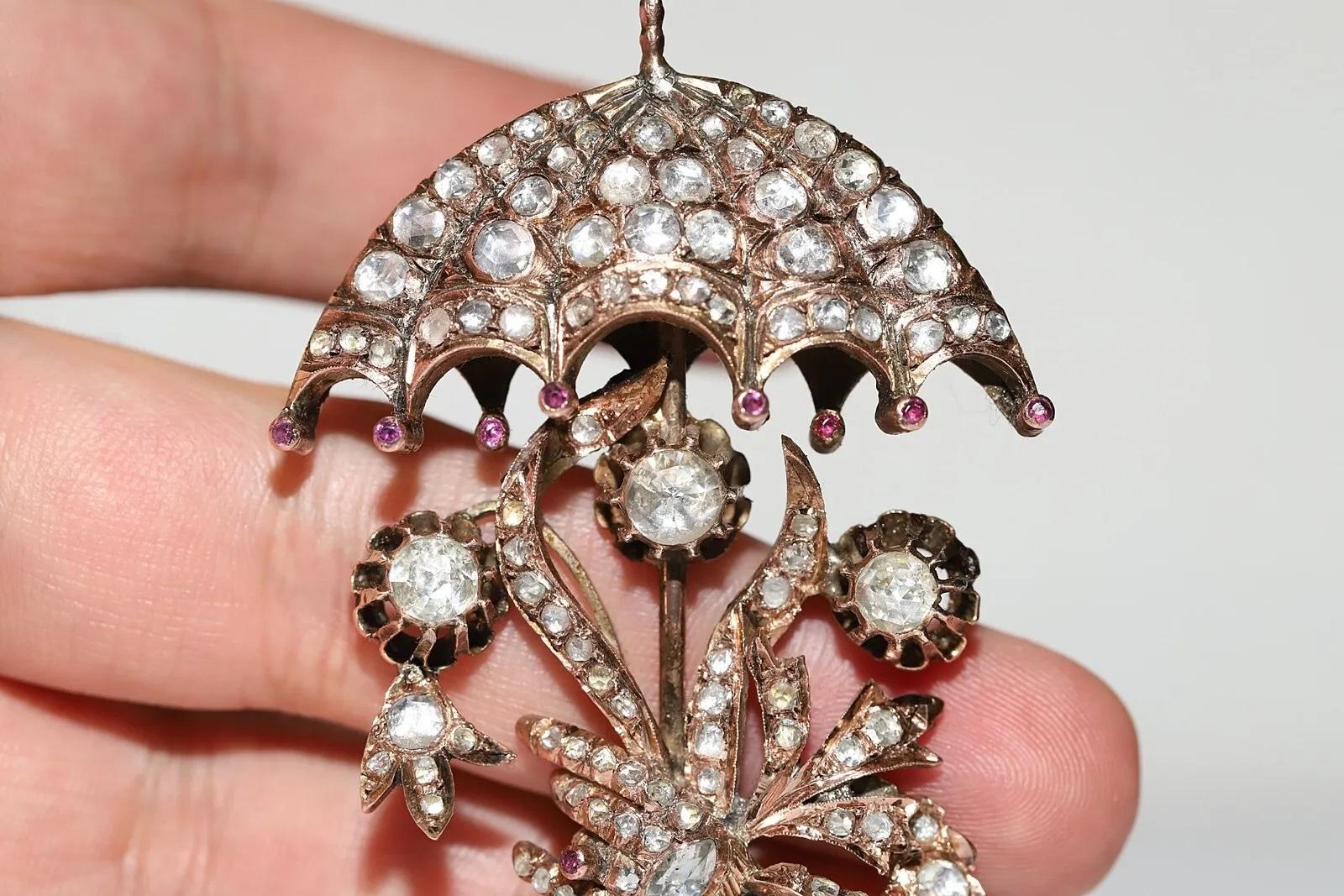 Antique Circa 1900s Ottoman 10k Gold Natural Rose Cut Diamond Umbrella Brooch For Sale 1