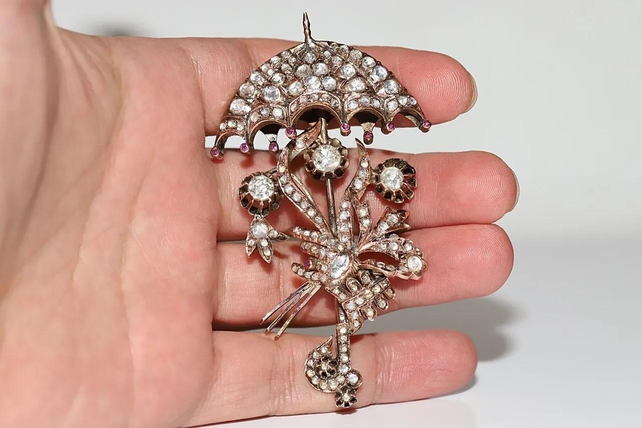 Antique Circa 1900s Ottoman 10k Gold Natural Rose Cut Diamond Umbrella Brooch For Sale 2