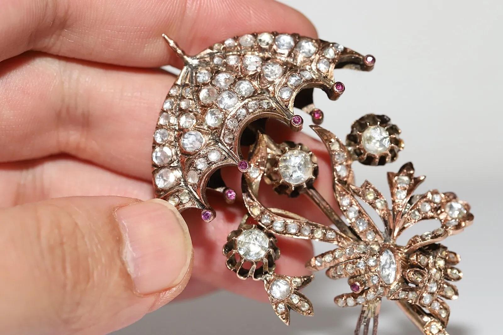 Antique Circa 1900s Ottoman 10k Gold Natural Rose Cut Diamond Umbrella Brooch For Sale 3