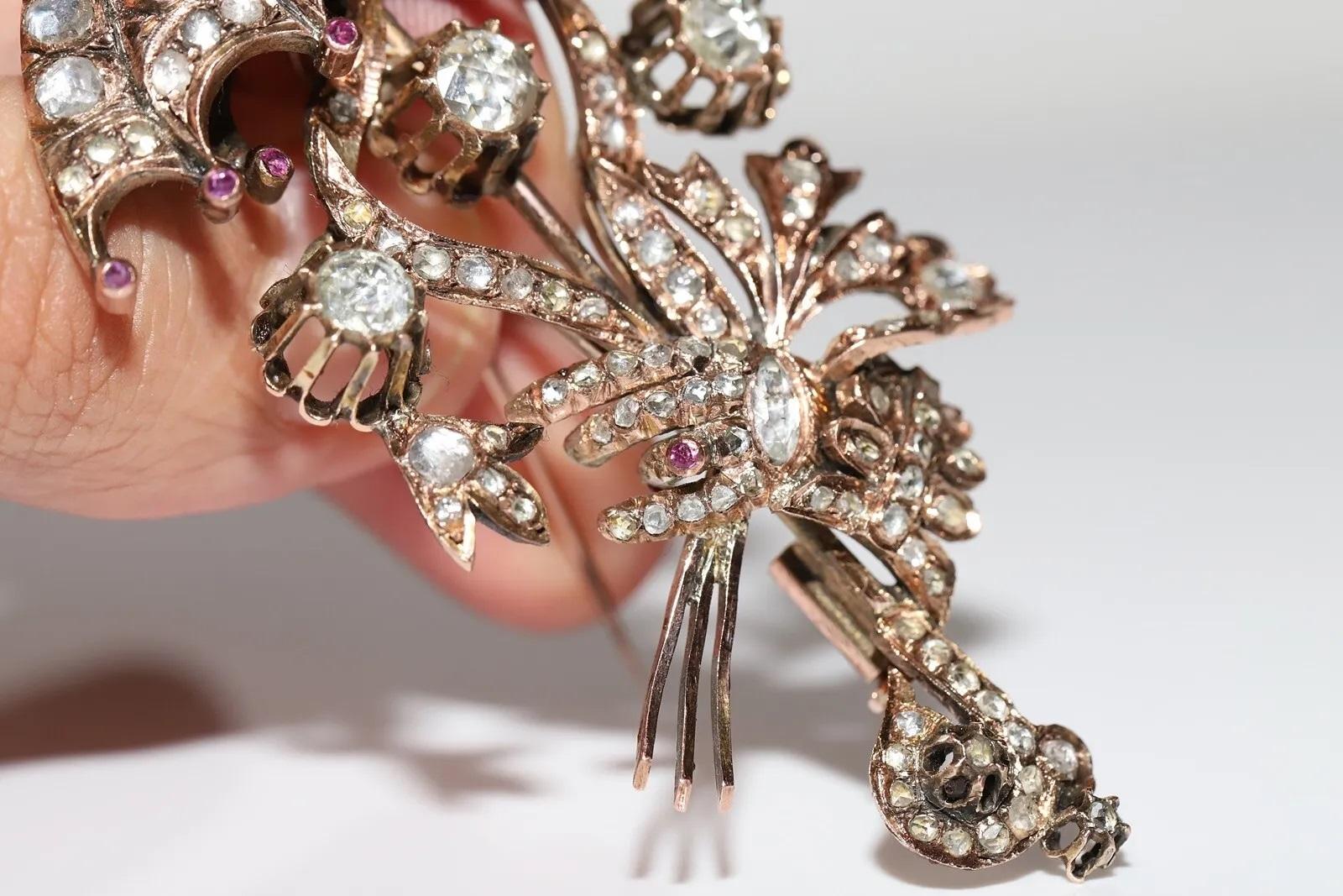 Antique Circa 1900s Ottoman 10k Gold Natural Rose Cut Diamond Umbrella Brooch For Sale 4