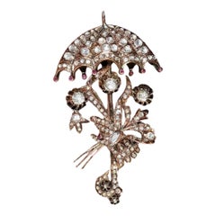 Antique Circa 1900s Ottoman 10k Gold Natural Rose Cut Diamond Umbrella Brooch