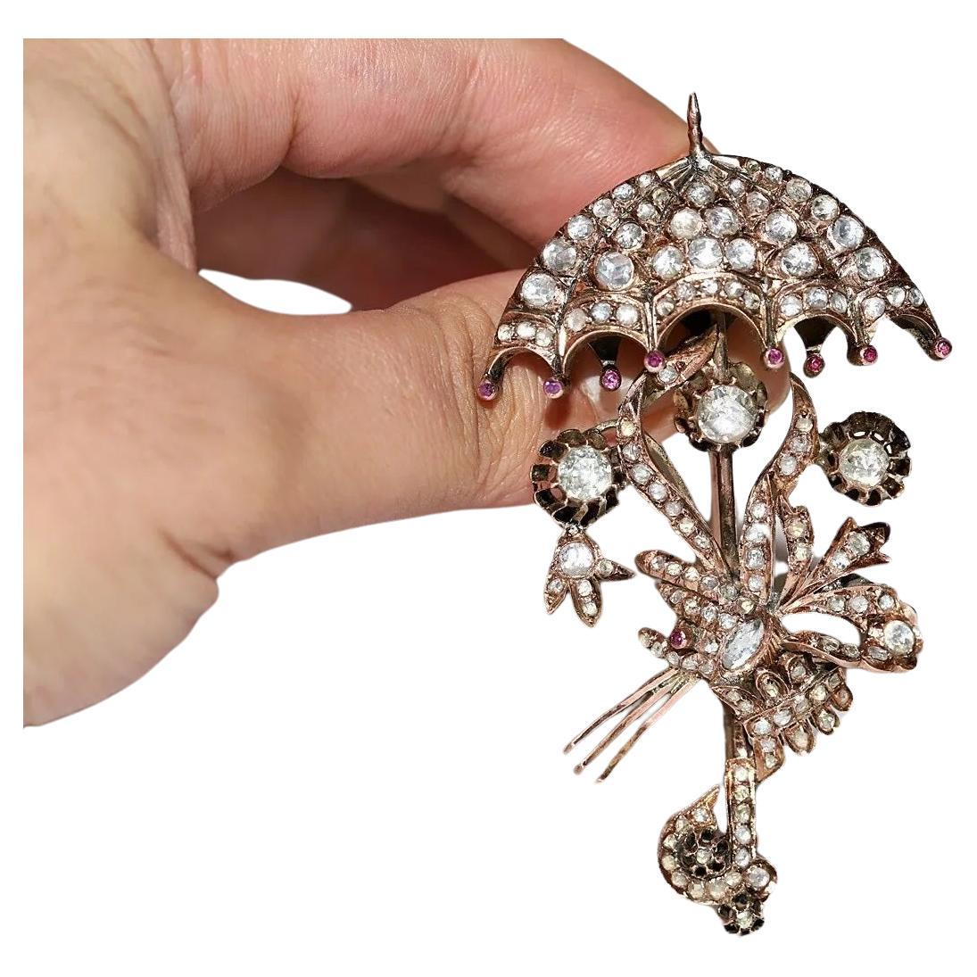 Antique Circa 1900s Ottoman 10k Gold Natural Rose Cut Diamond Umbrella Brooch
