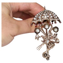 Antique Circa 1900s Ottoman 10k Gold Natural Rose Cut Diamond Umbrella Brooch