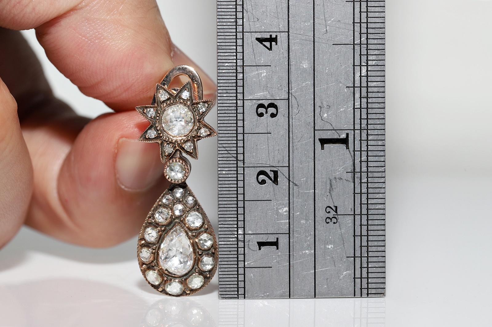 Antique Circa 1900s Ottoman 12k Gold Natural Rose Cut Diamond Drop Earring For Sale 7