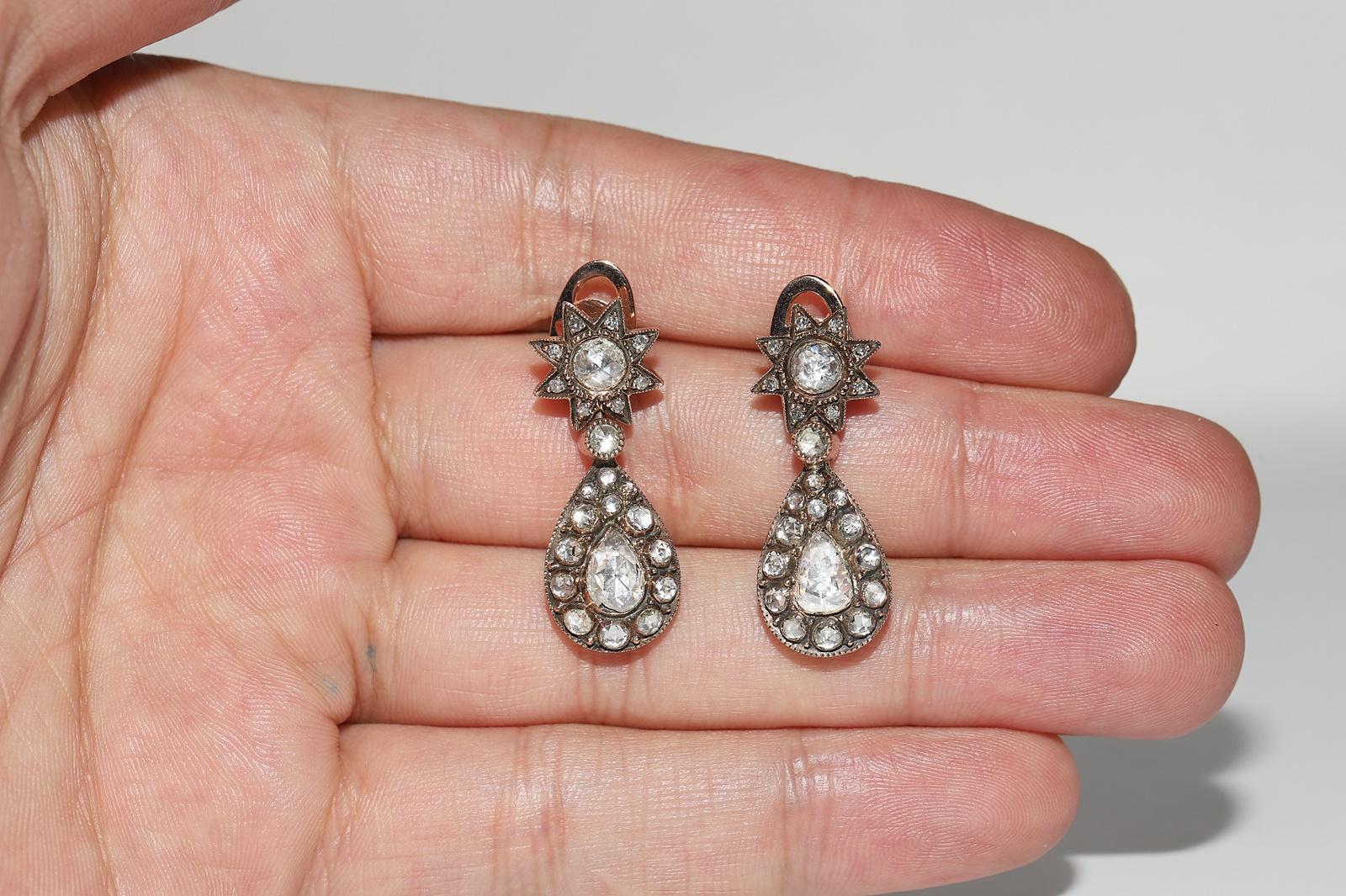 Antique Circa 1900s Ottoman 12k Gold Natural Rose Cut Diamond Drop Earring For Sale 9