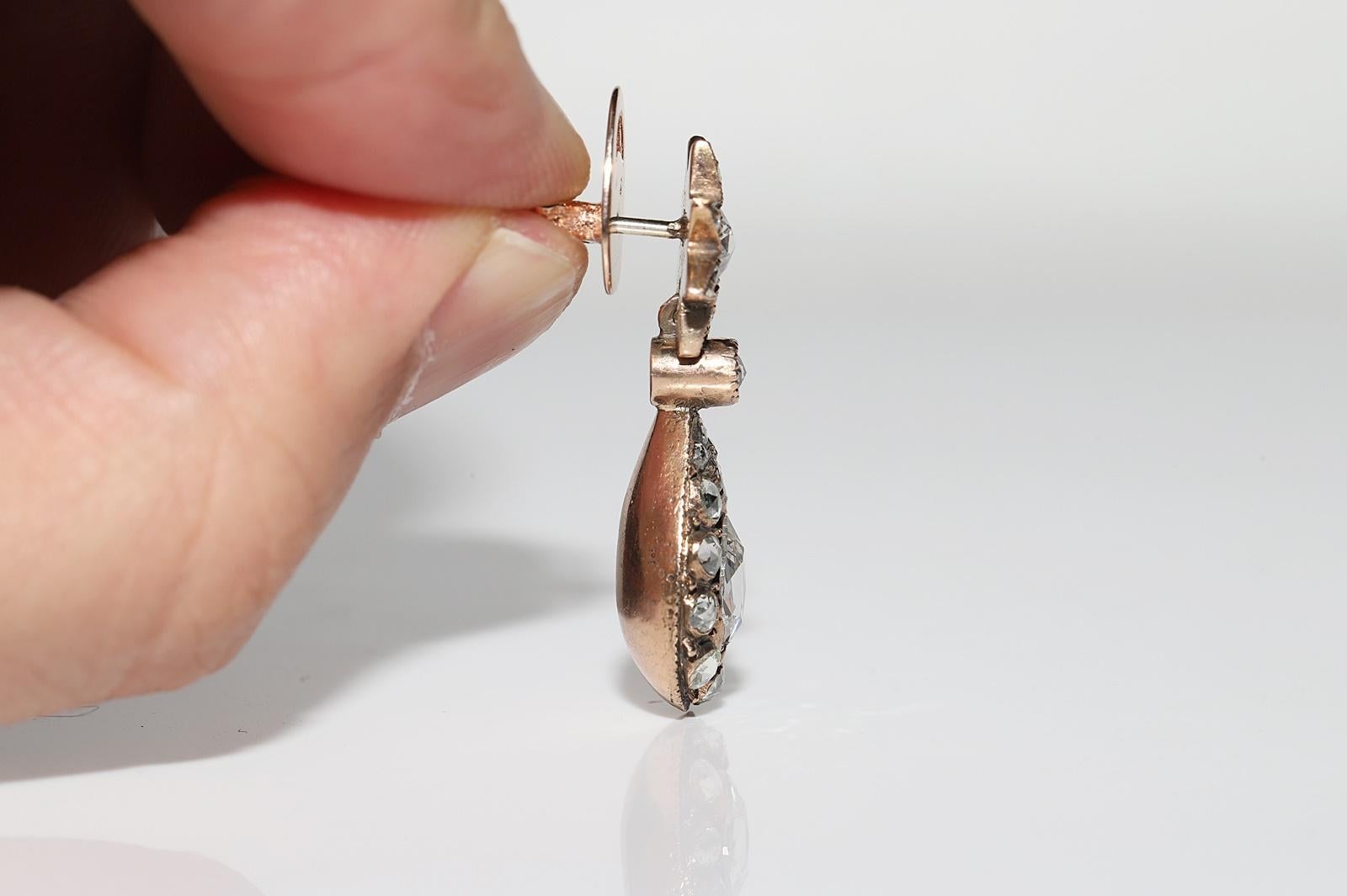 Pendiente de gota de diamante natural talla rosa en oro de 12 quilates otomano antiguo circa 1900 en venta 9