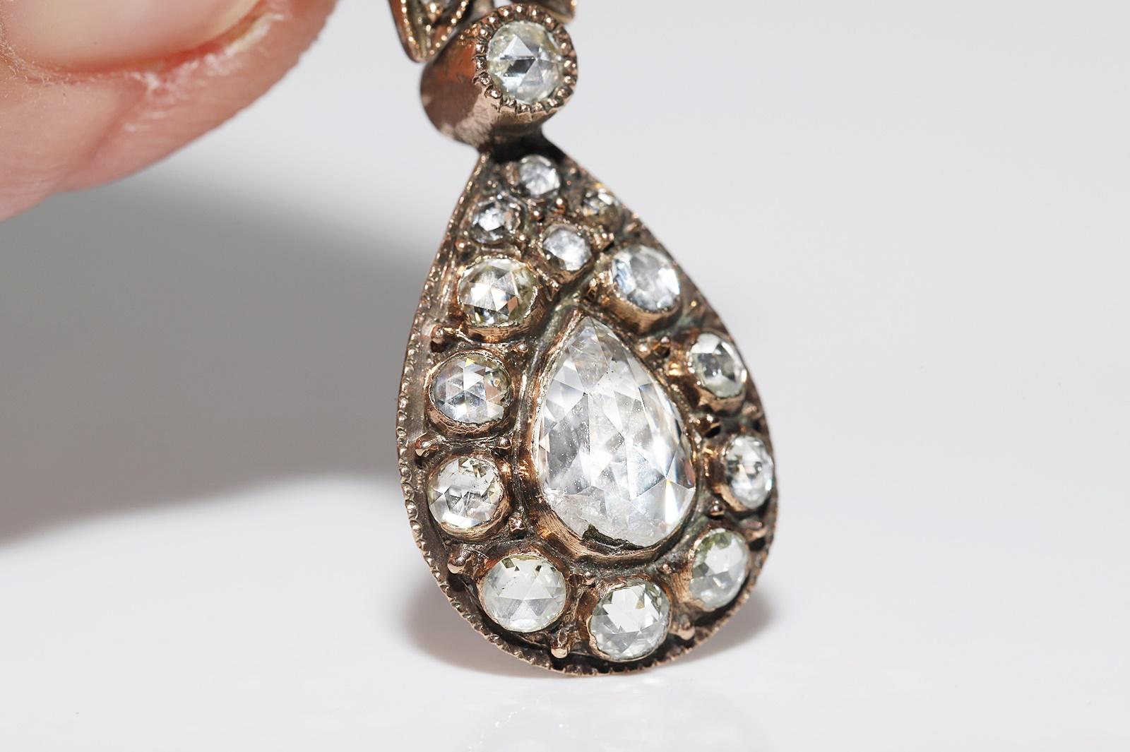 Antique Circa 1900s Ottoman 12k Gold Natural Rose Cut Diamond Drop Earring For Sale 11