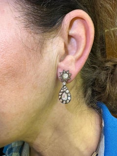 Antique Circa 1900s Ottoman 12k Gold Natural Rose Cut Diamond Drop Earring