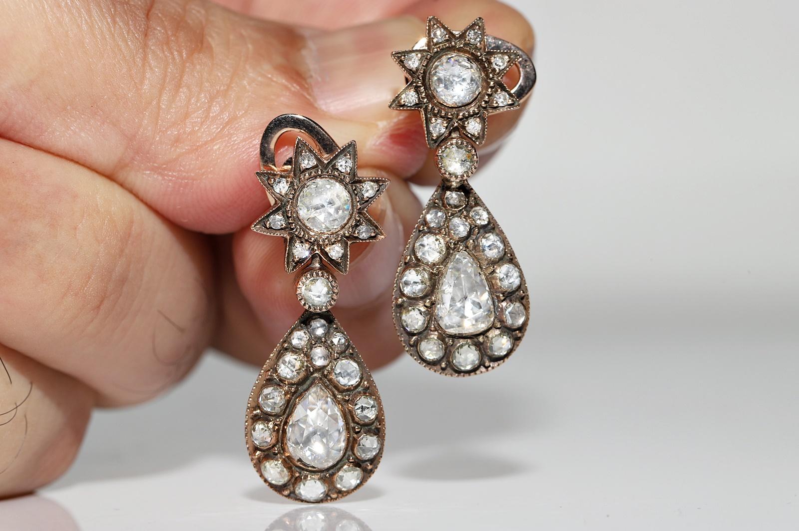 Victorian Antique Circa 1900s Ottoman 12k Gold Natural Rose Cut Diamond Drop Earring For Sale