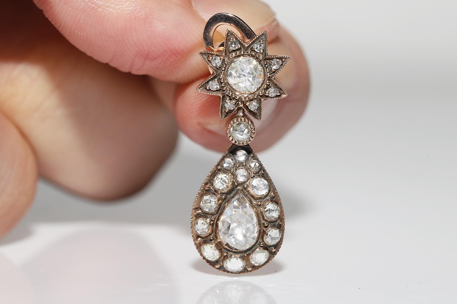 Taille rose Antiquité Circa 1900s Ottoman 12k Gold Natural Rose Cut Diamond Drop Earring en vente