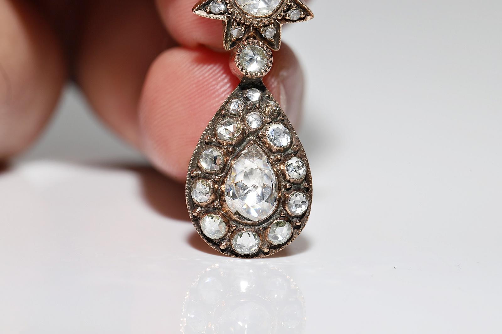 Women's Antique Circa 1900s Ottoman 12k Gold Natural Rose Cut Diamond Drop Earring For Sale
