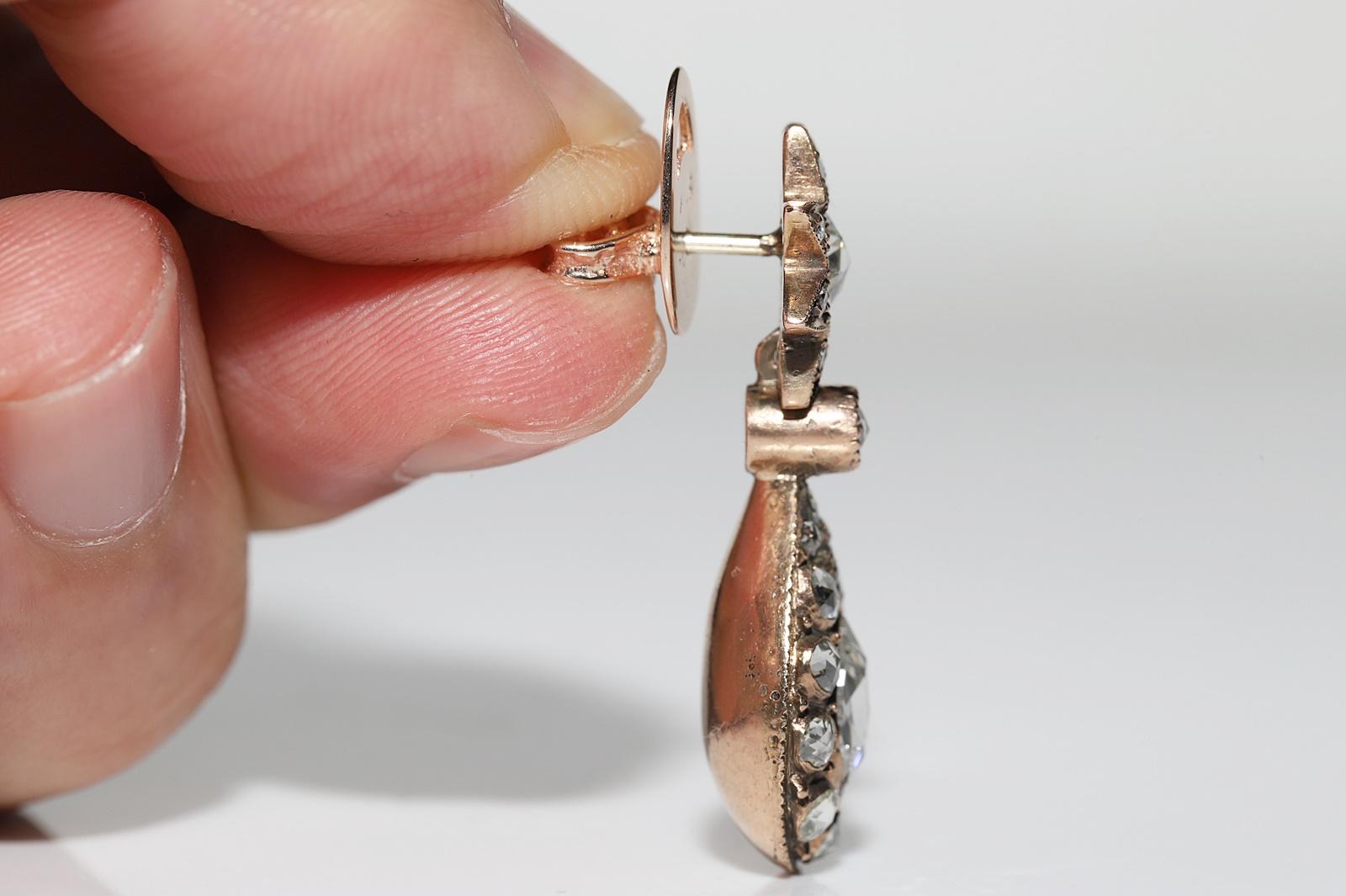 Antiquité Circa 1900s Ottoman 12k Gold Natural Rose Cut Diamond Drop Earring Pour femmes en vente