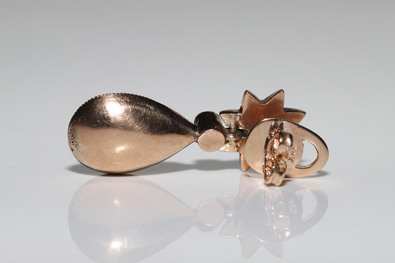 Pendiente de gota de diamante natural talla rosa en oro de 12 quilates otomano antiguo circa 1900 en venta 1