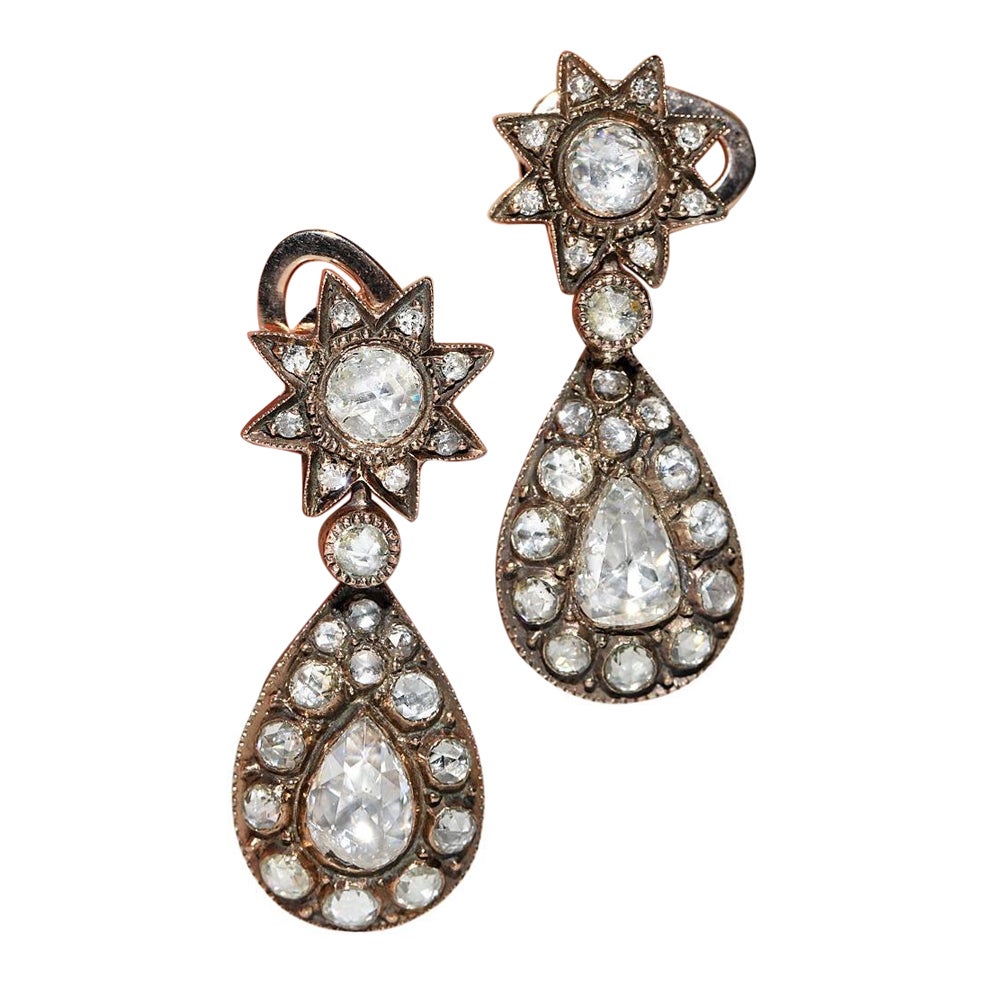 Antiquité Circa 1900s Ottoman 12k Gold Natural Rose Cut Diamond Drop Earring en vente