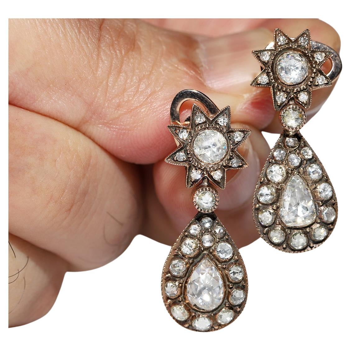 Antique Circa 1900s Ottoman 12k Gold Natural Rose Cut Diamond Drop Earring For Sale