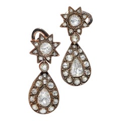 Antique Circa 1900s Ottoman 12k Gold Natural Rose Cut Diamond Drop Earring