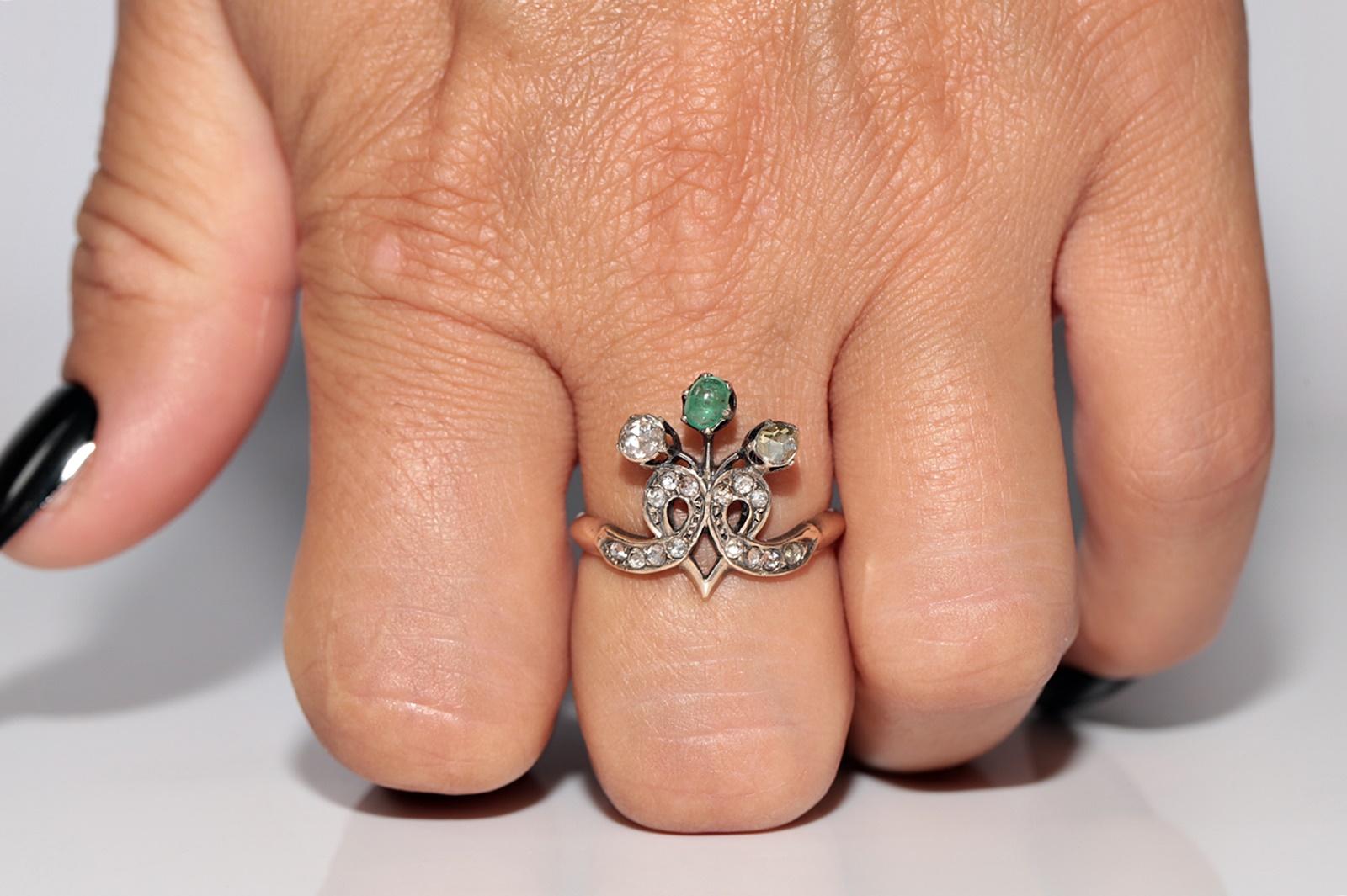 Antique Circa 1900s Ottoman 14k Gold Natural Rose Cut Diamond And Emerald Ring For Sale 7