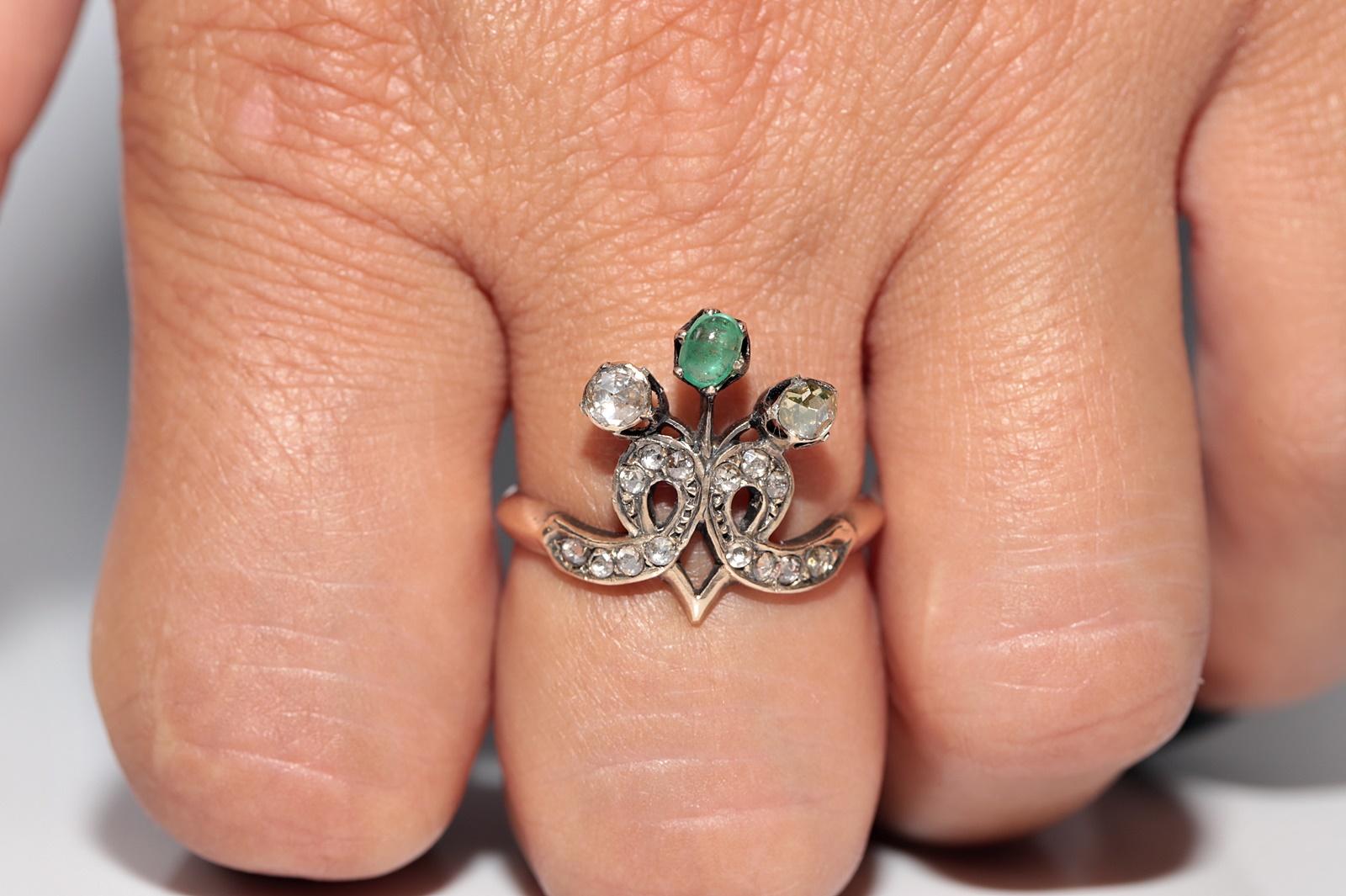 Antique Circa 1900s Ottoman 14k Gold Natural Rose Cut Diamond And Emerald Ring For Sale 8