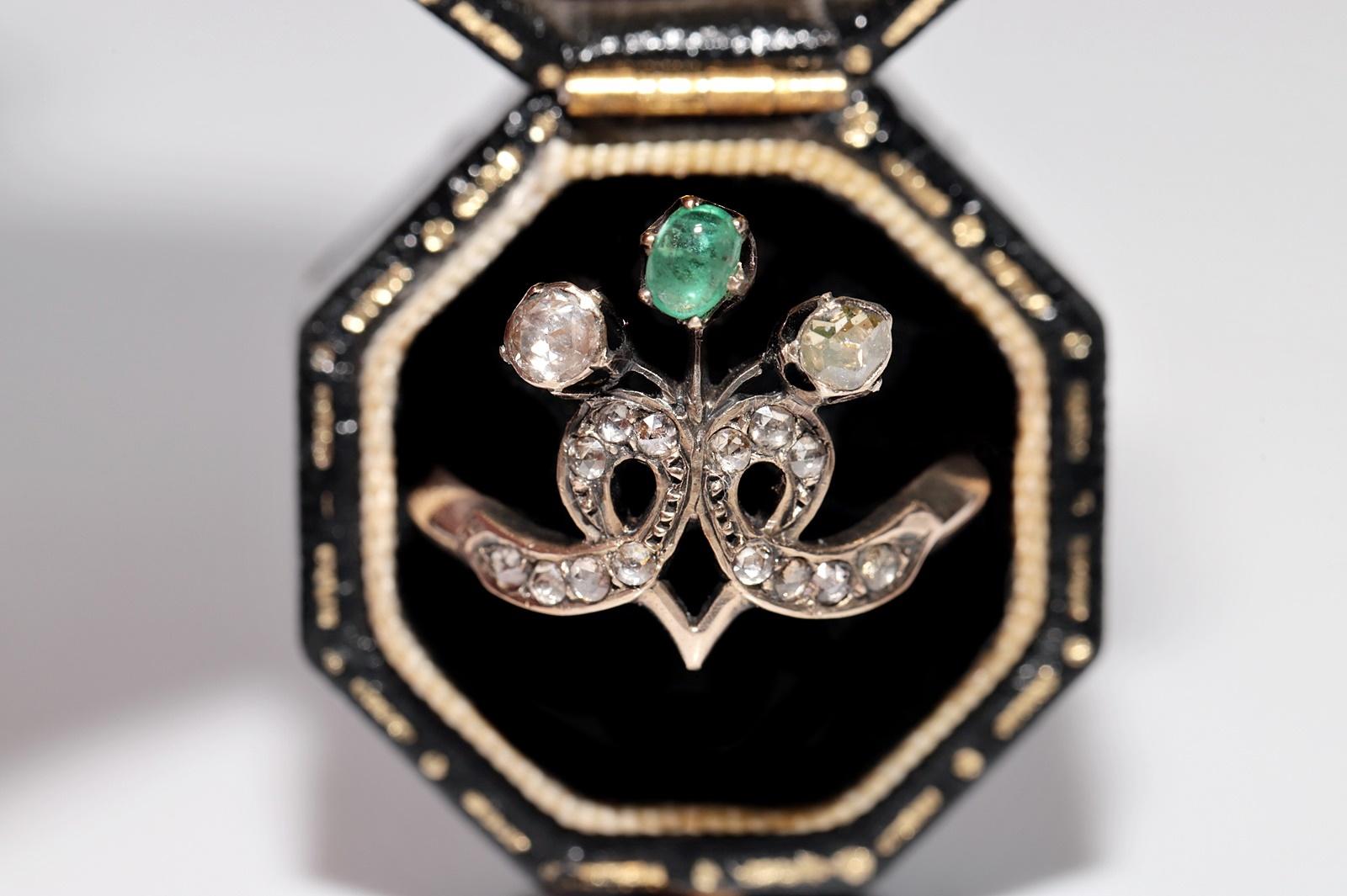 Antique Circa 1900s Ottoman 14k Gold Natural Rose Cut Diamond And Emerald Ring For Sale 10