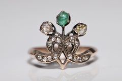 Antique Circa 1900s Ottoman 14k Gold Natural Rose Cut Diamond And Emerald Ring