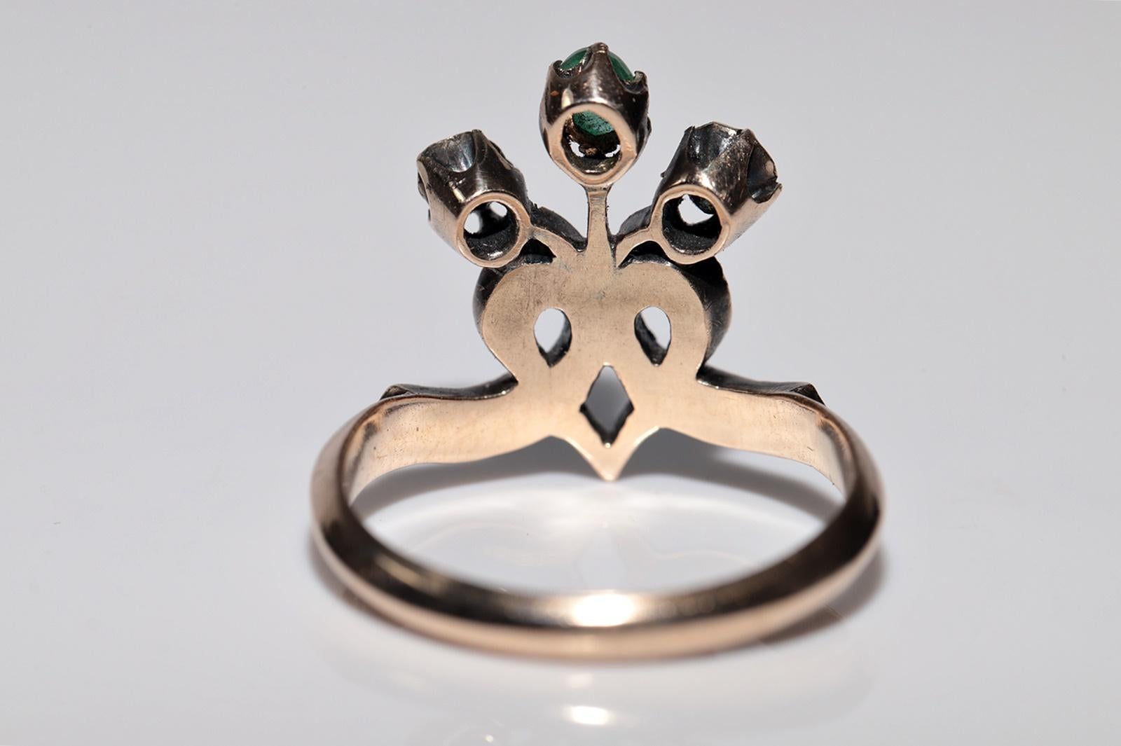 Antique Circa 1900s Ottoman 14k Gold Natural Rose Cut Diamond And Emerald Ring For Sale 1