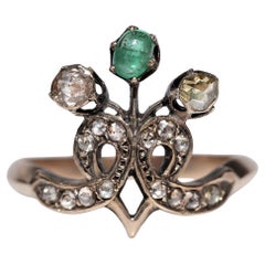Antique Circa 1900s Ottoman 14k Gold Natural Rose Cut Diamond And Emerald Ring