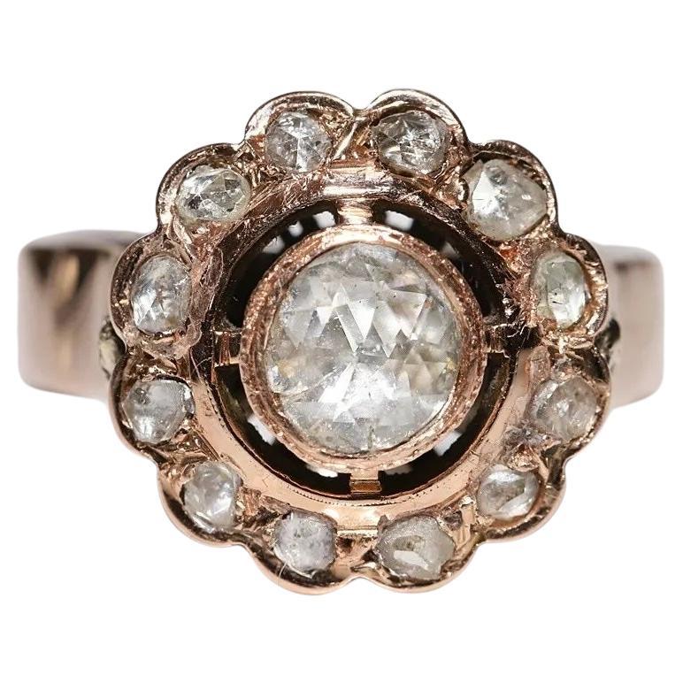 Antique Circa 1900s Ottoman 14k Gold Natural Rose Cut Diamond Decorated Ring 