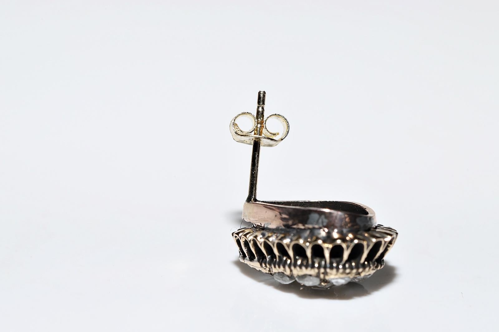 Antique Circa 1900s Ottoman 14k Gold Natural Rose Cut Diamond Earring For Sale 8