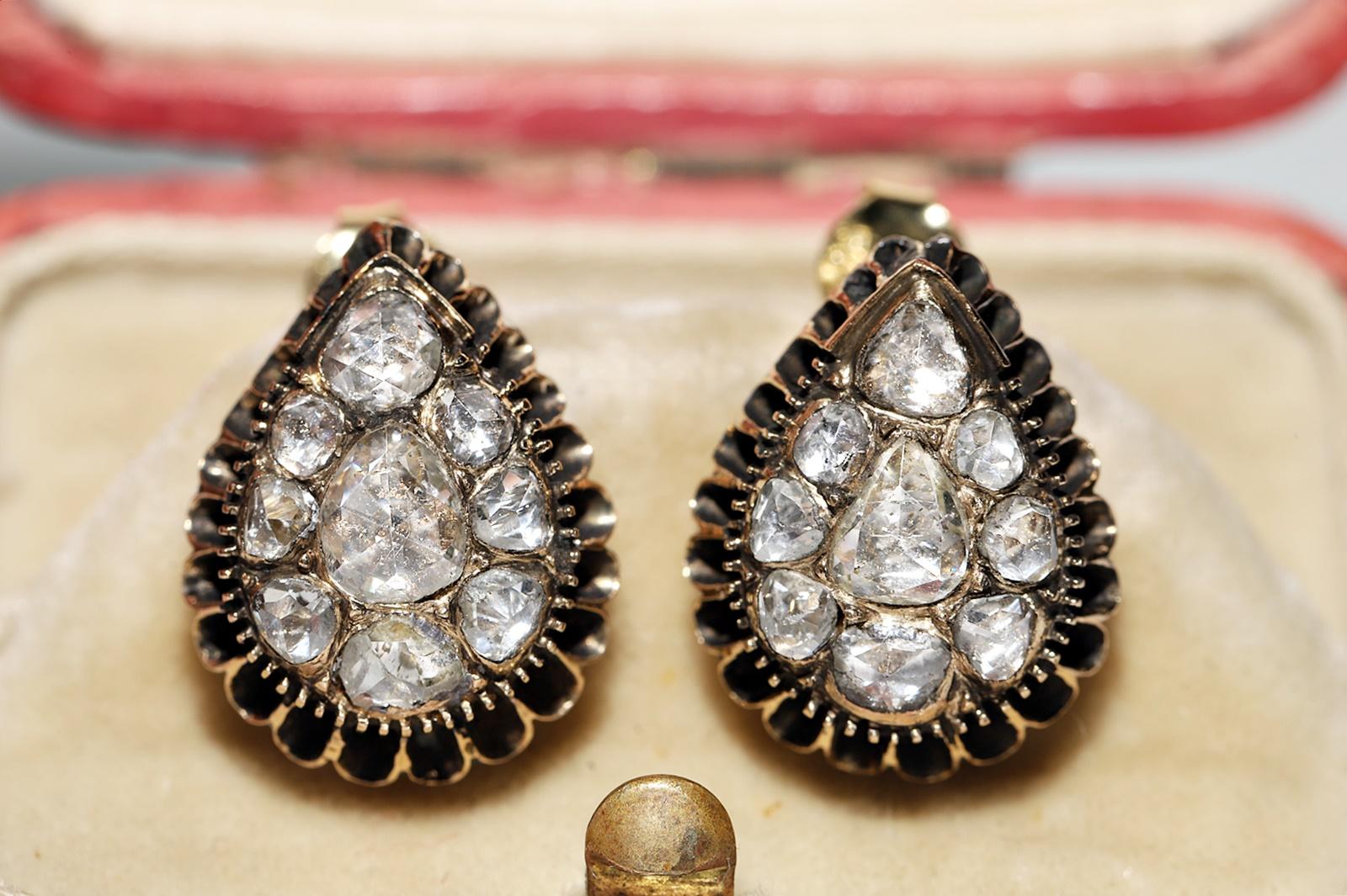 Late Victorian Antique Circa 1900s Ottoman 14k Gold Natural Rose Cut Diamond Earring For Sale