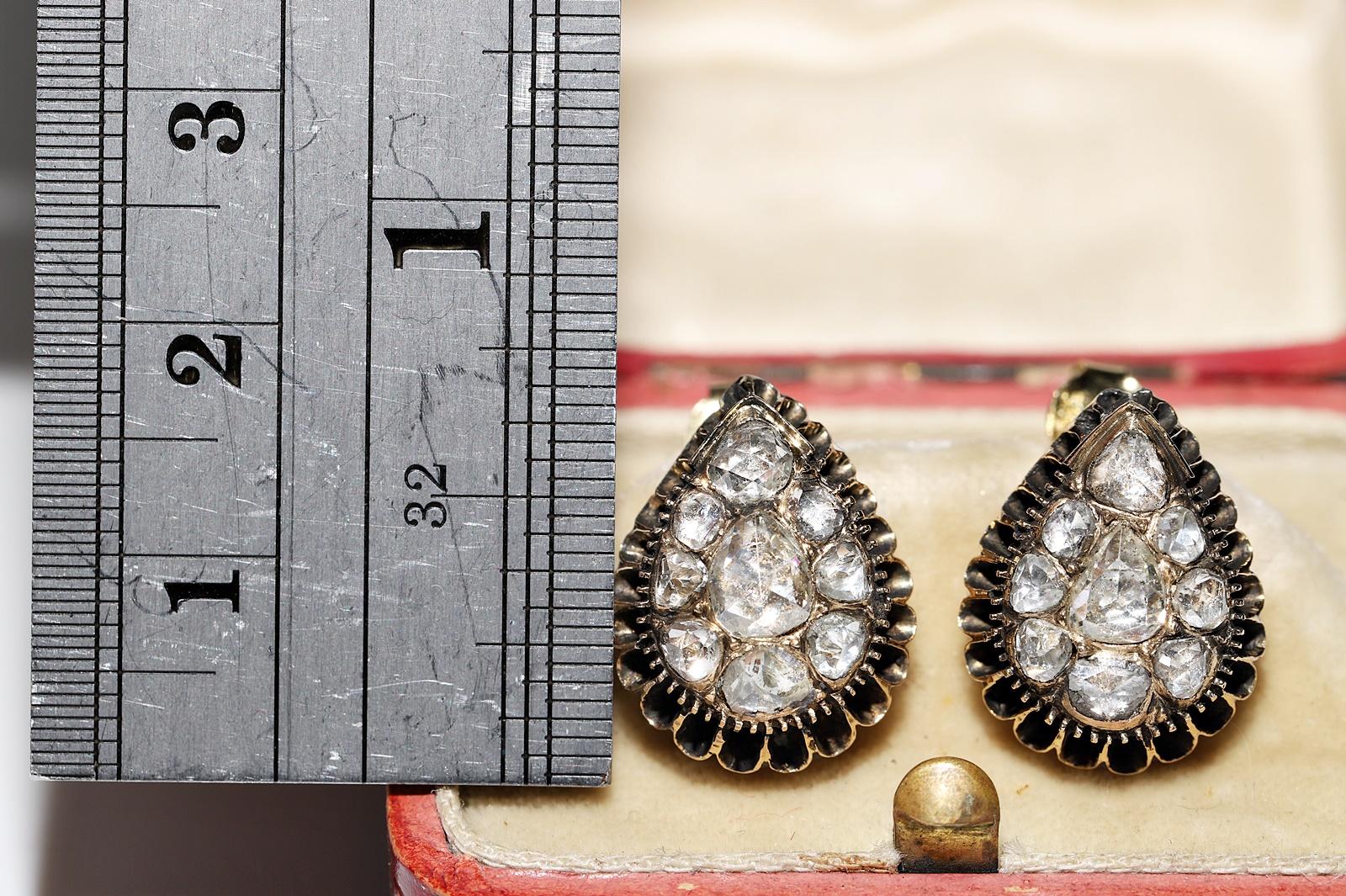Women's Antique Circa 1900s Ottoman 14k Gold Natural Rose Cut Diamond Earring For Sale