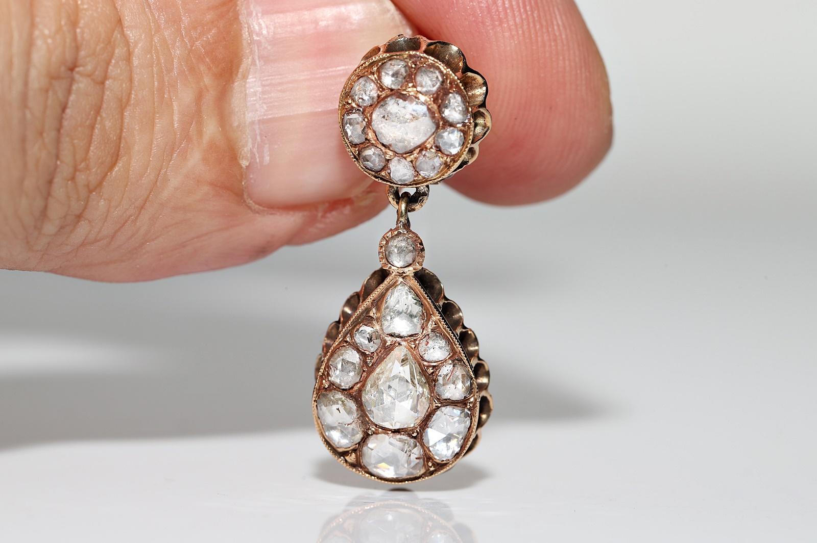 Antique Circa 1900s Ottoman  18k Gold Natural Rose Cut Diamond Drop Earring  For Sale 11