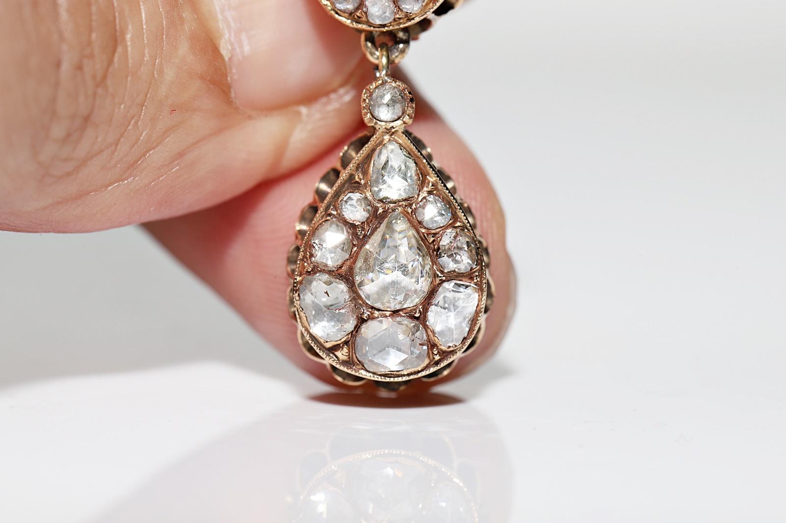Antique Circa 1900s Ottoman  18k Gold Natural Rose Cut Diamond Drop Earring  For Sale 1