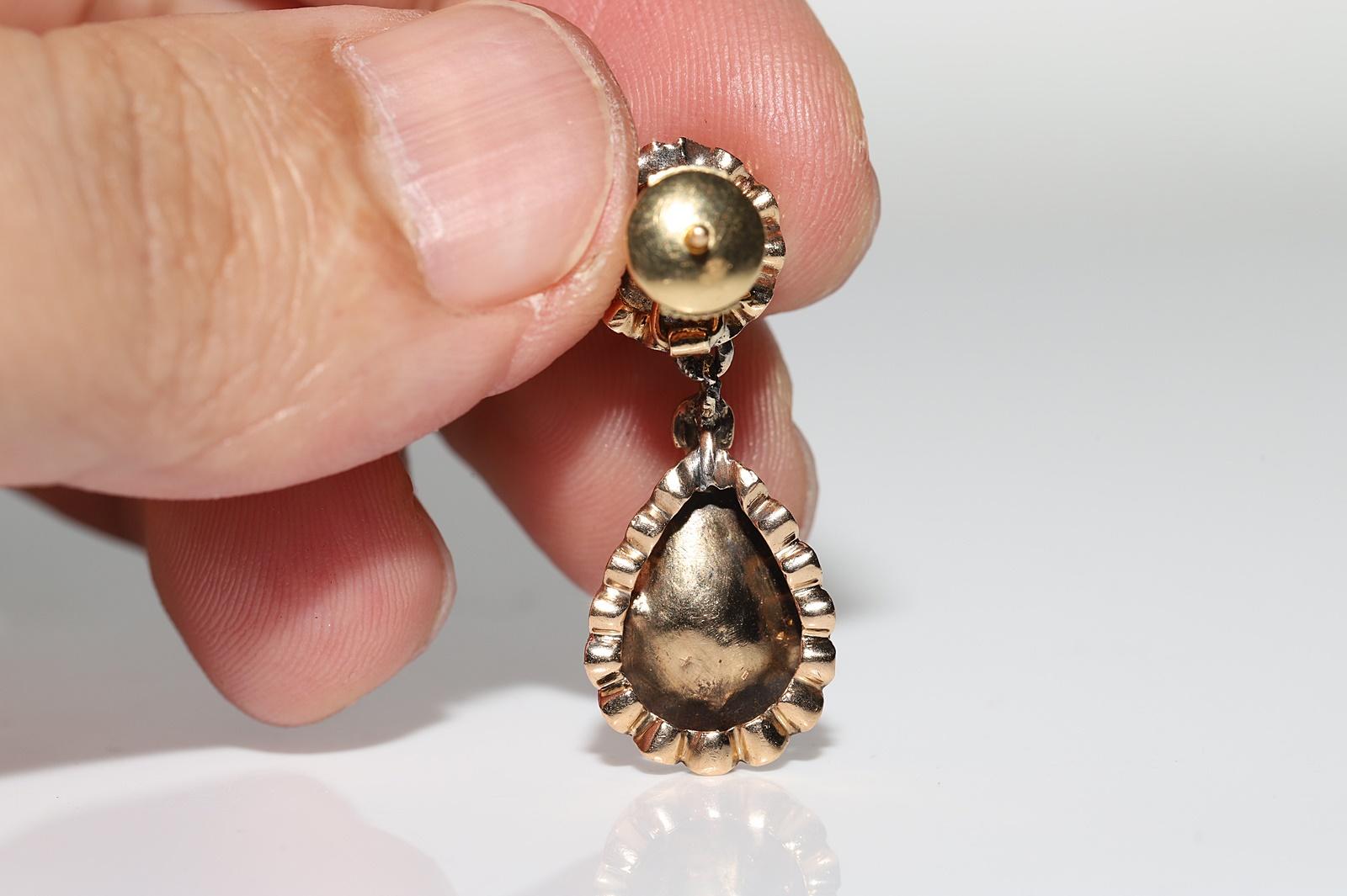 Antique Circa 1900s Ottoman  18k Gold Natural Rose Cut Diamond Drop Earring  For Sale 2
