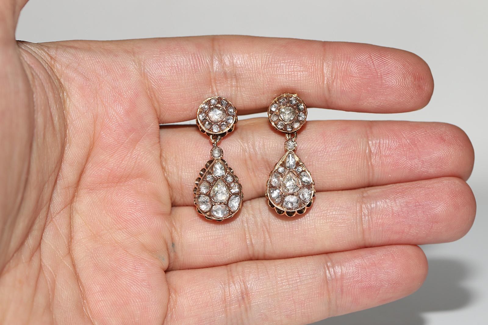 Antique Circa 1900s Ottoman  18k Gold Natural Rose Cut Diamond Drop Earring  For Sale 3