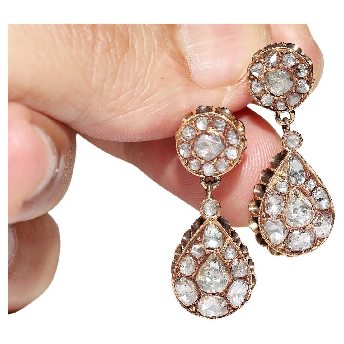 Antique Circa 1900s Ottoman  18k Gold Natural Rose Cut Diamond Drop Earring  For Sale