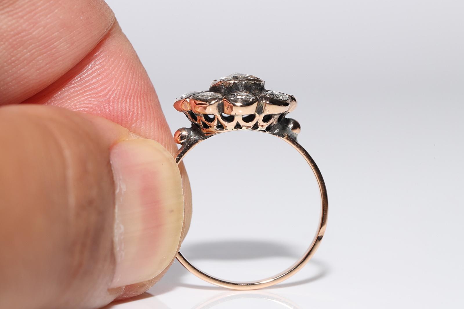 Antique Circa 1900s Ottoman 18k Gold Top 14k Gold Rose Cut Diamond Ring For Sale 2