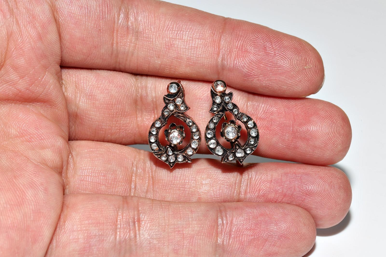 Antique Circa 1900s Ottoman 8k Gold Natural Rose Cut Diamond Decorated Earring For Sale 5